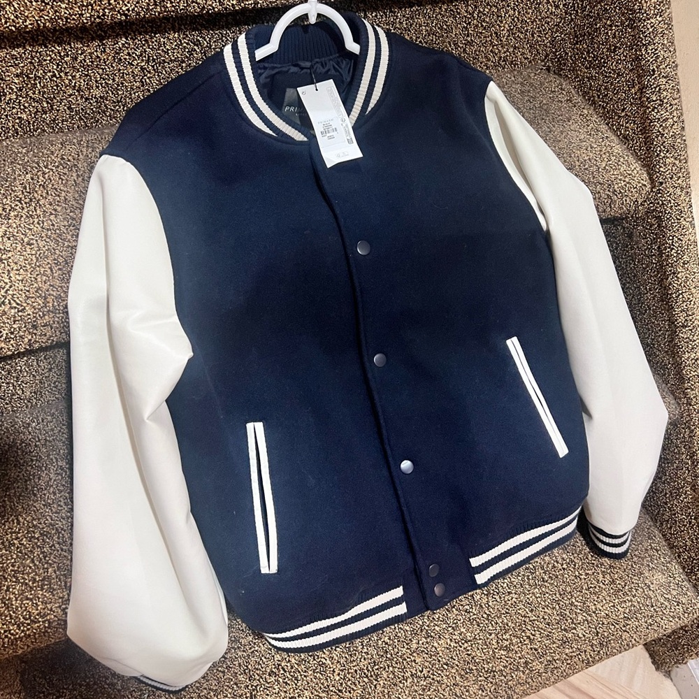 Navy and White Varsity Bomber Jacket with Ribbed Accents